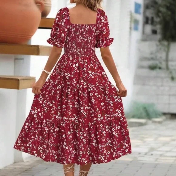 Black Floral Midi Dress with Smocked Bodice - Picture 6 of 9